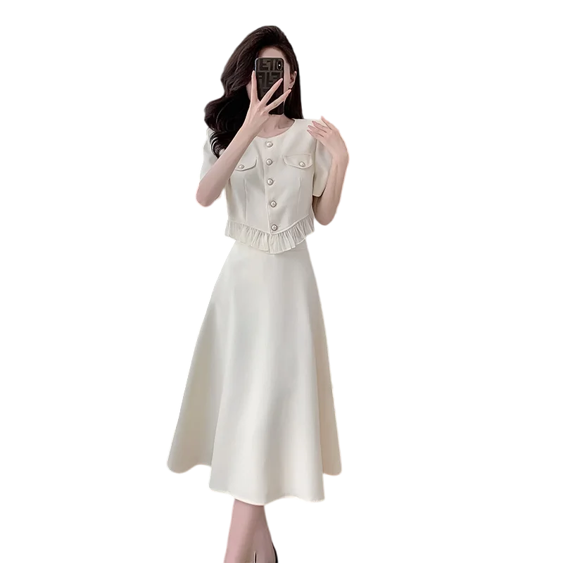 xsrrr French Vintage Solid Womens Midi Dress Short Sleeve O-neck Elegant Slim Summer Fashion Office Ladies Two Piece Set Clothing