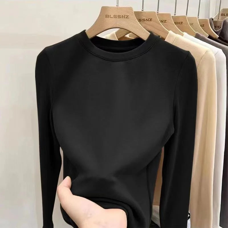 Hnewly Women Long Sleeve T Shirt Autumn Winter Solid Slim Fit Pullovers Tee Shirt  Female Basic Warm Clothes Streetwear Tops