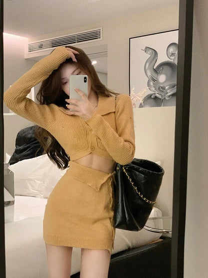 xsrrr BACK TO SCHOOL OUTFIT Knitted 2 Piece Dress Set Dress Women Autumn Casual Long Sleeve Korean Style Sweater Suit Office Lady Elegant Y2k Chic Sets