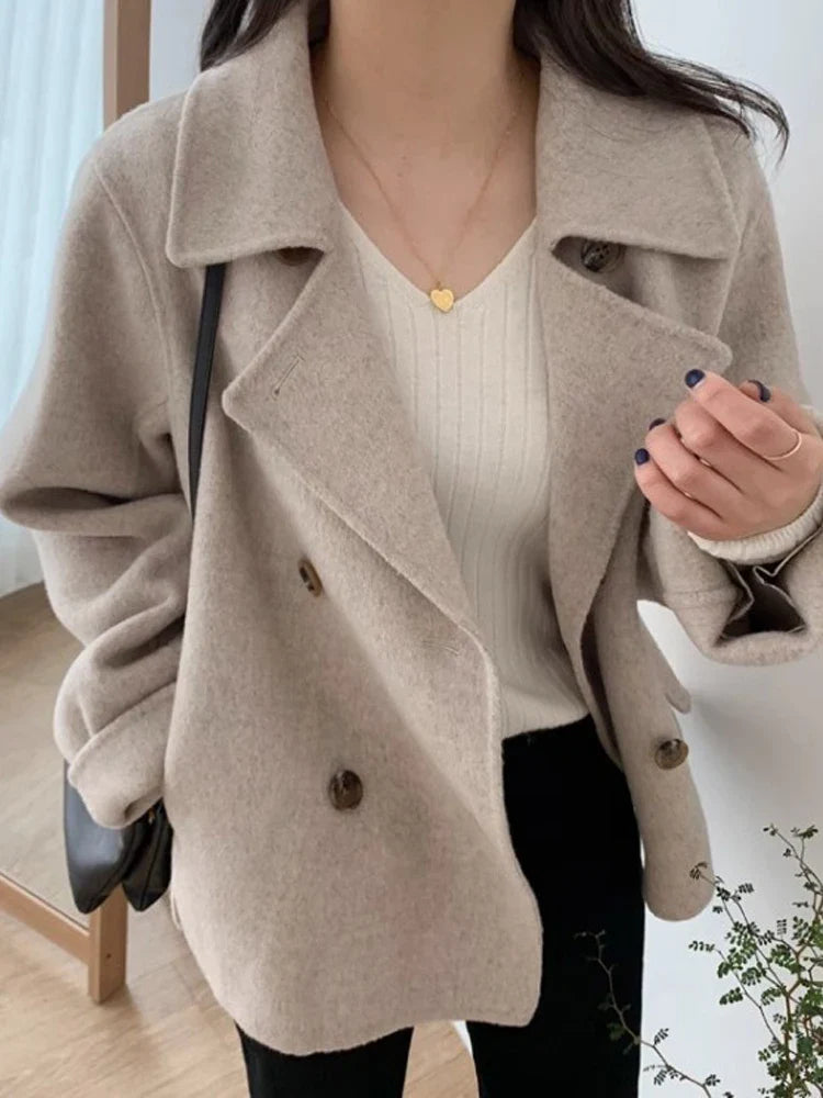 xsrrr Autumn Winter Coat Women Korean Style Faux Woolen Jacket Female Vintage Fashion Double Breasted Outerwear Casual Loose Chic Coat