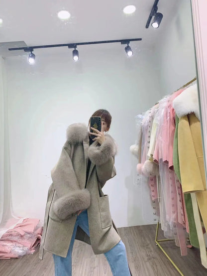 xsrrr New woolen Coat Oversize Ladies Outerwear Winter Women Natural Fox Fur Collar Cuffs Jacket Hood Cashmere Wool