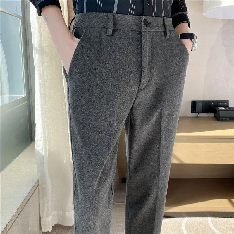 Mens Suit Pants Autumn And Winter Thick Brushed Woolen Loose Slim Solid Color Trend Casual Business Small Foot Trousers Oversize