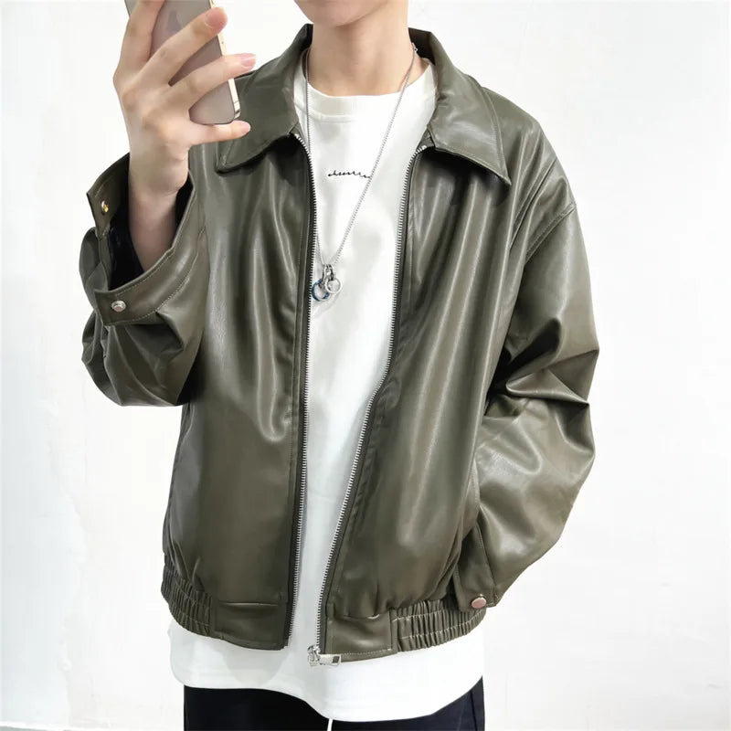 Short Leather Jacket Men Oversized Zipper Motorcycle Jackets Men Streetwear Hip-hop Loose Bomber Jacket Mens Korean Coat M-2XL