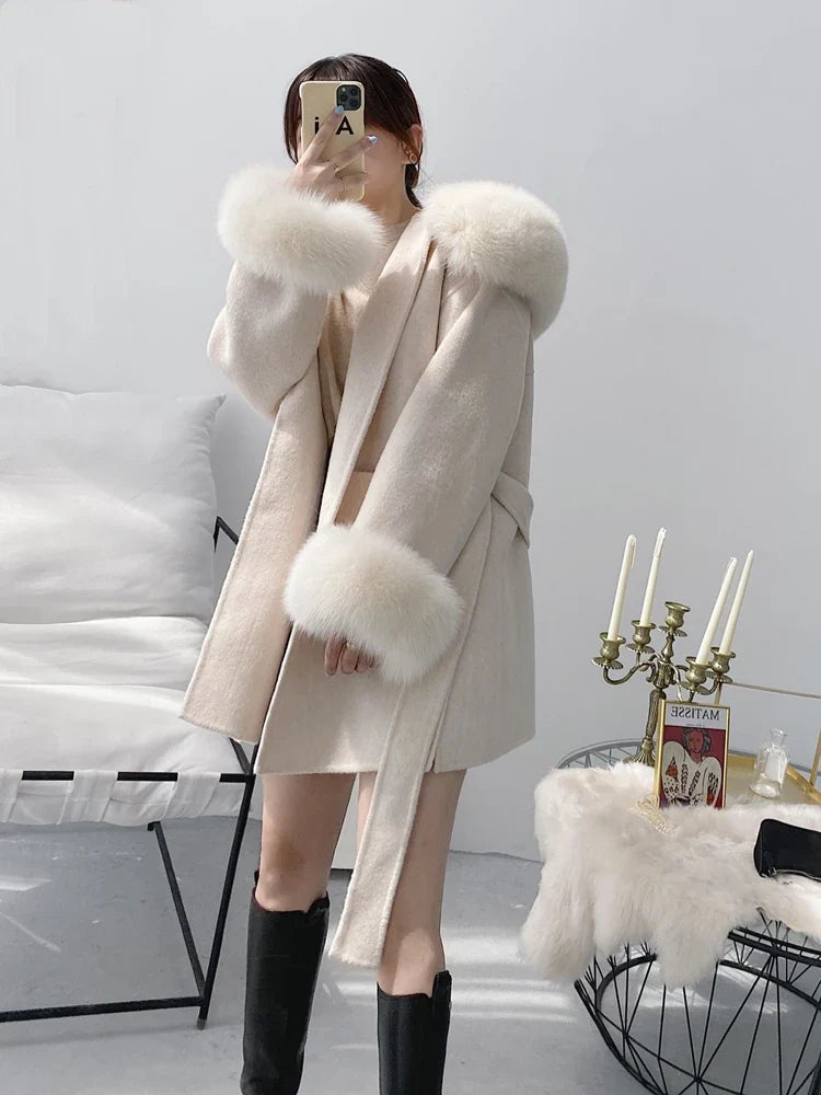 xsrrr New woolen Coat Oversize Ladies Outerwear Winter Women Natural Fox Fur Collar Cuffs Jacket Hood Cashmere Wool