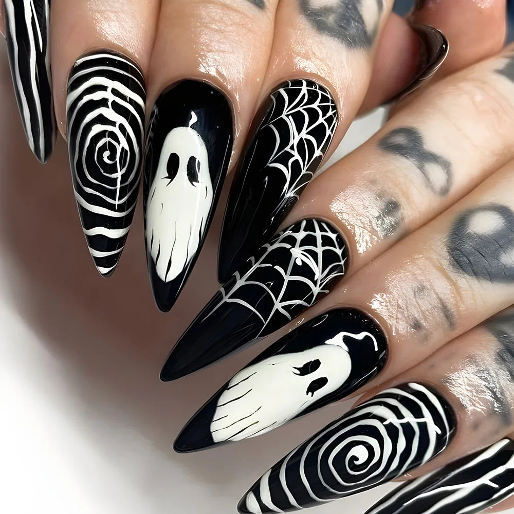 xsrrr Black Fake Nails Women Halloween Party Press on Nails White Ghost Star Spider Web Designs Wearable False Nails Tips 24Pcs