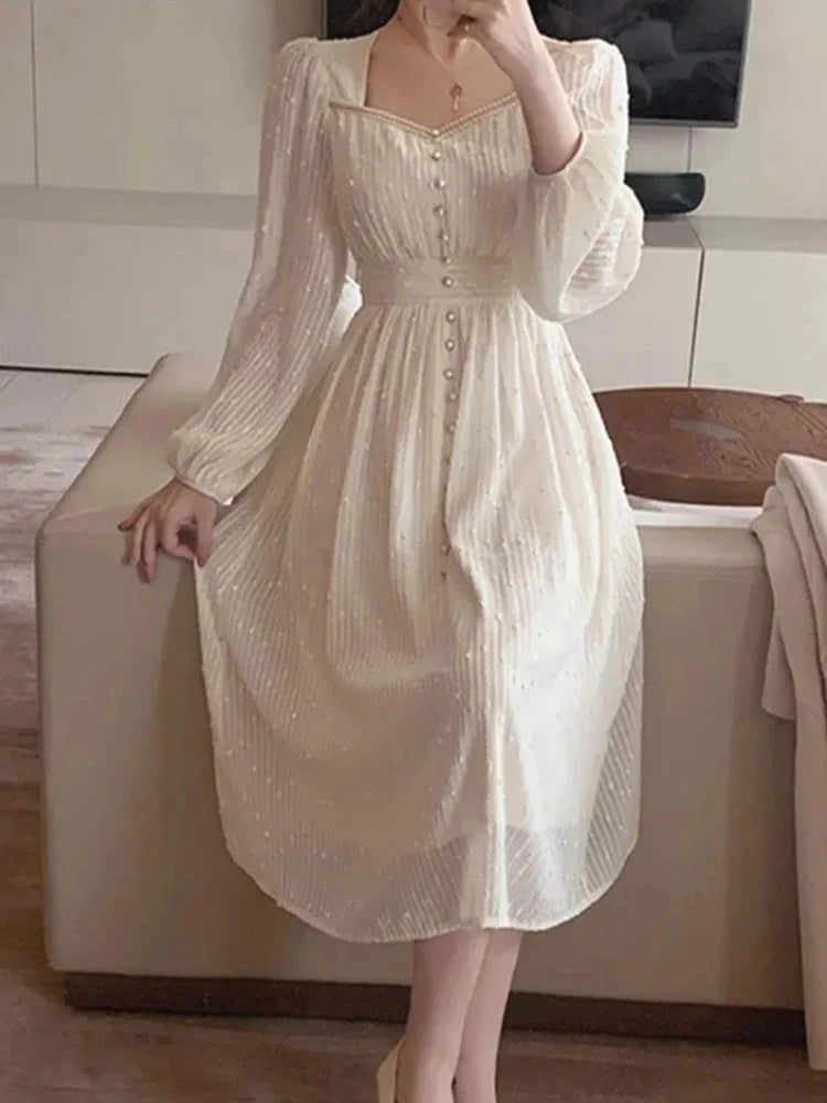 xsrrr Autumn New Women Fashion Elegant White Midi Dresses Vintage Princess Female Party A Line Clothes Vestdios