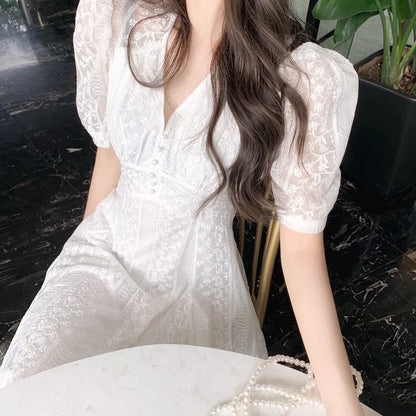 xsrrr DRESS TO IMPRESS Elegant V-neck Midi Dress Women Summer Puff Sleeve White Casual Party Dress Female Office Kawaii Lace One-piece Dress Korean Y2k