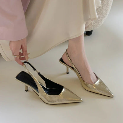 Hnewly Elegant Low Heeled Sandals Women Kitten Heels Spring Summer Gold Pumps Pointed Toe Wedding Office Ladies Shoes Slingback