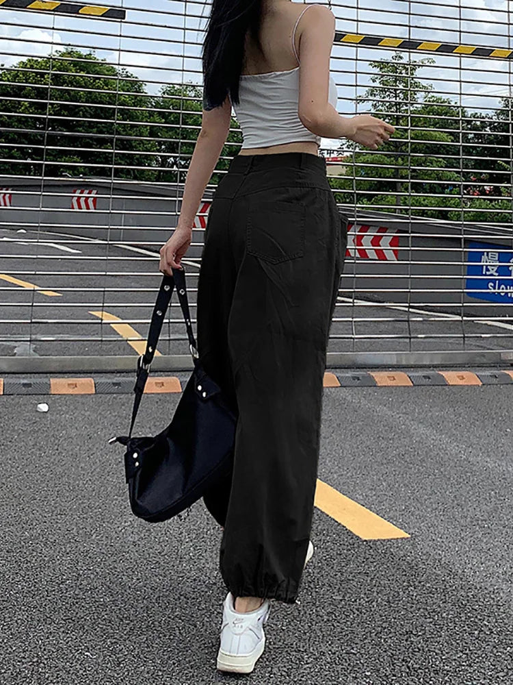 xsrrr Y2K Fashion Khaki Oversized Cargo Pants Hip Hop Style Loosed Adjustable Waist Drawstring Long Pant Streetwear 90s Autumn