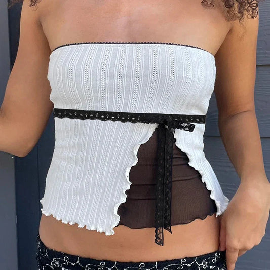 xsrrr See Through Lace Stitched Corset Top Vintage 2000s Casual Contrast Patchwork Strapless Tube Crop Top Women Summer y2k Tee