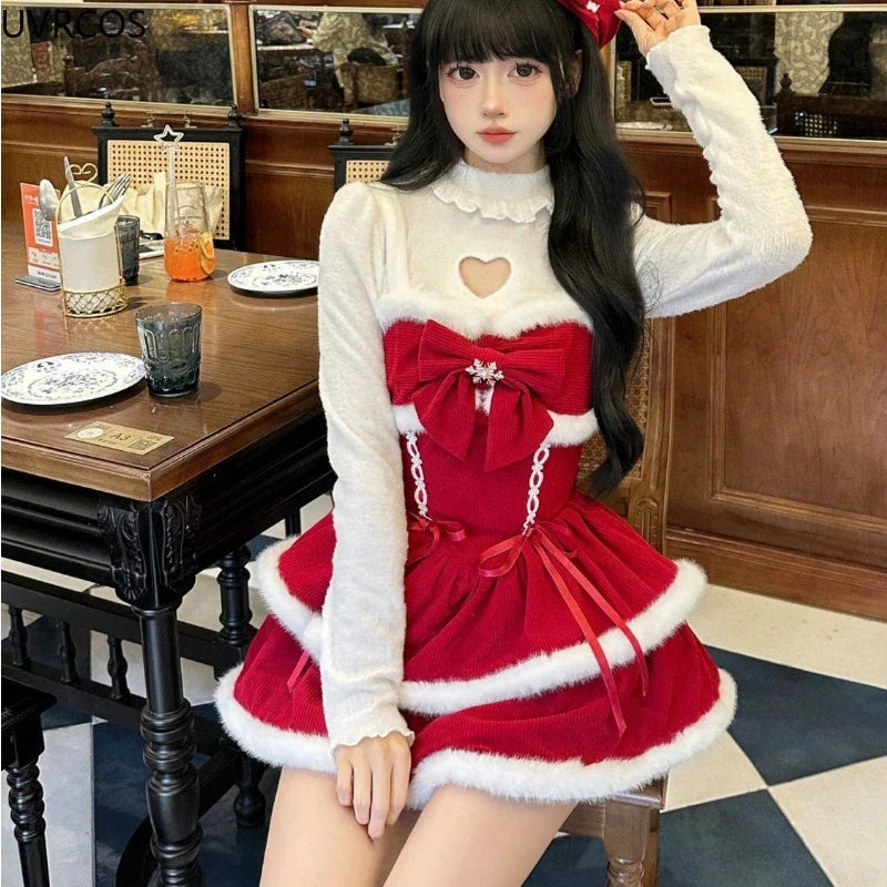 xsrrr NEW YEAR DRESS TO IMPRESS Japanese Kawaii Lolita Dress Sets Women Hooded Shawl Short Jackets Bow Mini Skirt Korean Style Sweet Red Christmas New Year Suit