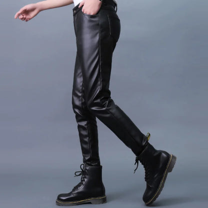 Men Leather Pants Slim PU Leather Trousers Fashion Elastic Motorcycle Leather Pants Waterproof Oil-Proof Male Bottoms Oversized