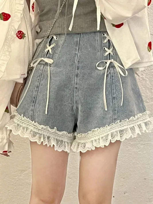 xsrrr Japanese Sweet Lace-up Denim Shorts Women Summer Lace Ruched Elegant Jeans Female Korean Fashion Bow Hight Waist Shorts New