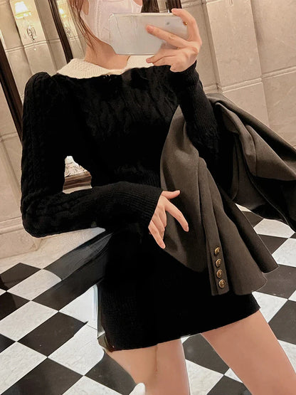 xsrrr Autumn Knitted 2 Piece Dress Set Women Sexy Bodycon Mini Skirt + Long Sleeve Short Sweater Female Retro Casual Korean Suit