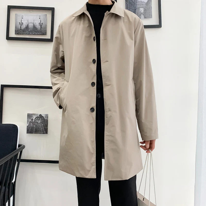 Men Trench Coat Loose Fit Long Lapel Single Breasted Windbreaker Fashion Jacket Office Button Overcoat Oversized Men Clothing