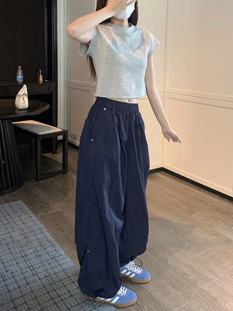 xsrrr Y2k Baggy Parachute Pants Women Vintage Wide Leg Pleated Cargo Trousers Joggers Casual Gray Oversized Summer Streetwear