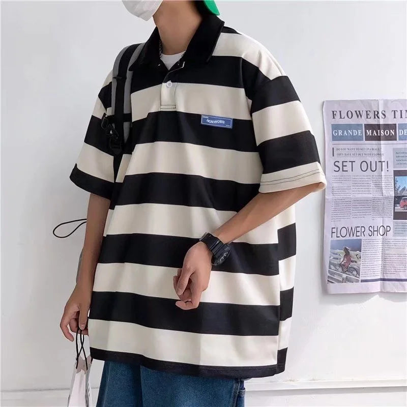 Contrast Color Striped Polo Shirt Summer All-match Fashion Trend Casual Polo T-shirt Loose Short-sleeved Lapel Men's Clothes Oversize