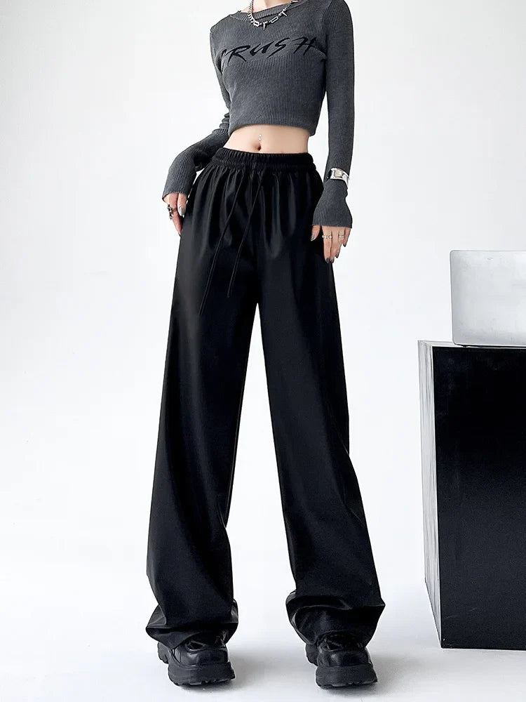 xsrrr Black Wide PU Leather Pants Women Autumn Vintage Elastic High Waist Y2K Harajuku Baggy Straight Trousers