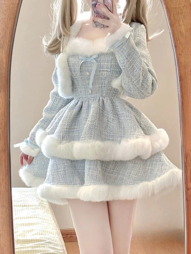 xsrrr Winter Kawaii Lolita 2 Piece Dress Set Sweet Short Coat Warm + Cute Fashion Y2k Mini Dress Party Japanese Style Suit Woman