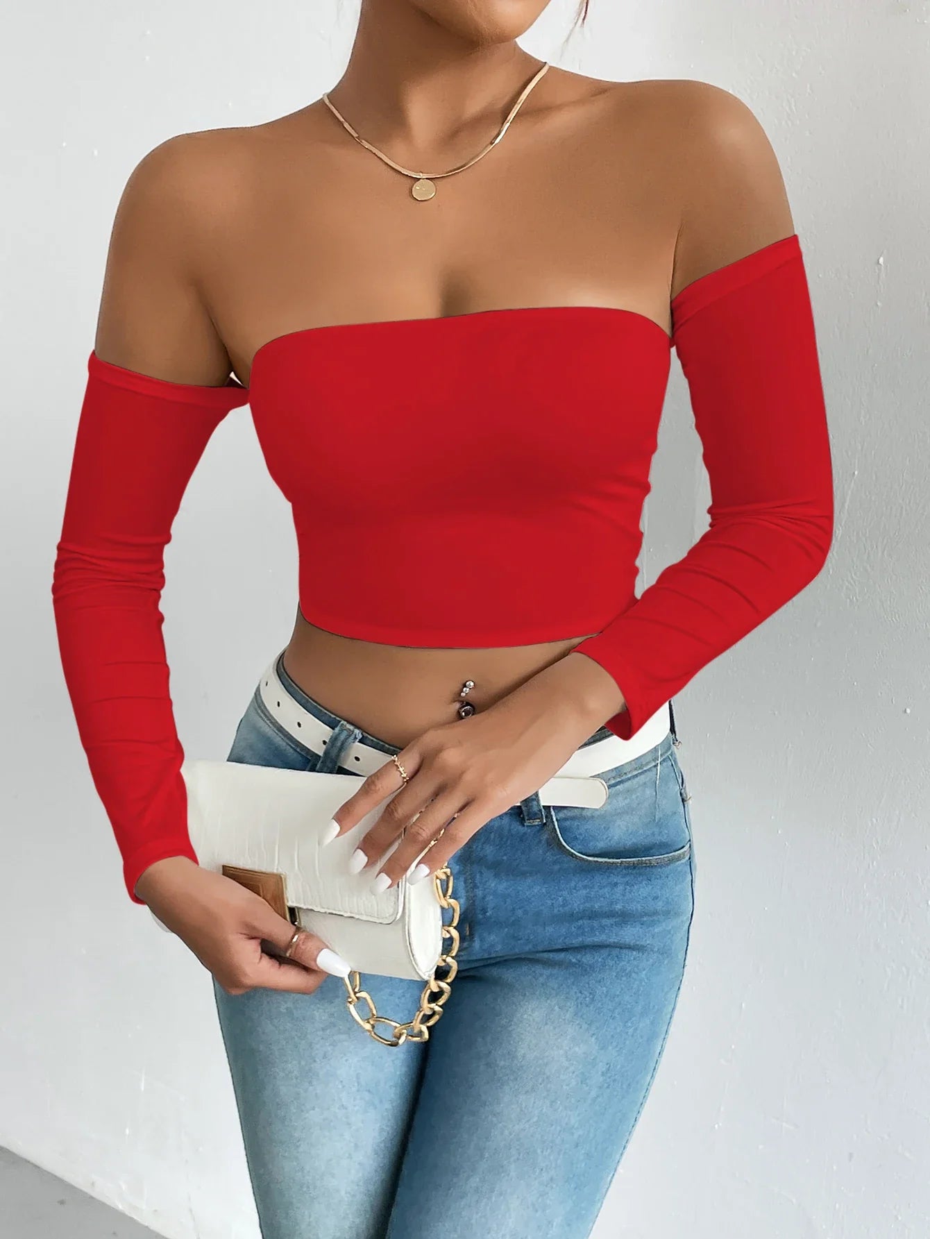 xsrrr Off Shoulder Crop T-Shirt, Casual Long Sleeve Top For Spring & Fall, Women's Clothing