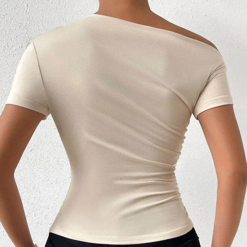 xsrrr Solid One Shoulder T-shirt, Elegant Short Sleeve Ruched Top For Spring & Summer, Women's Clothing