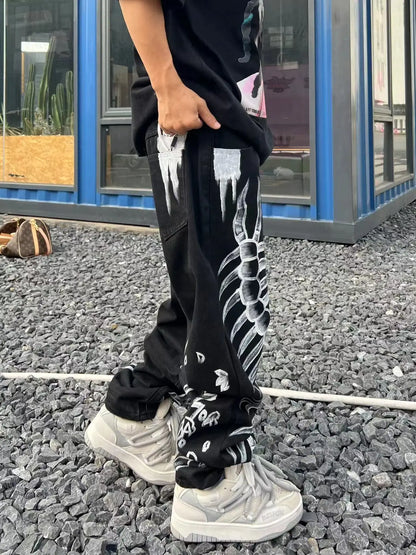 Jeans With Print Straight Baggy Punk Men's Fashion Harajuku Pants Printed Oversize Streetwear Y2k Black Trendyol Hip Hop Man