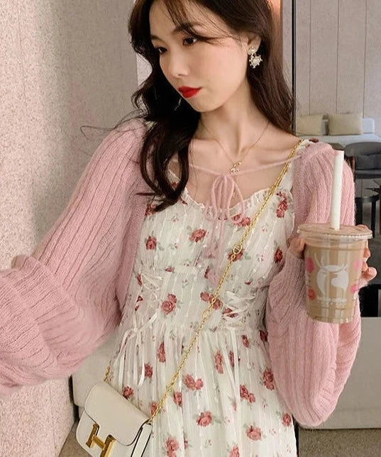 xsrrr Floral Elegant Slip Dress Women Belt Designer Korean Fashion Party Dress Female Casual Vintage Chic Summer One-piece Dress