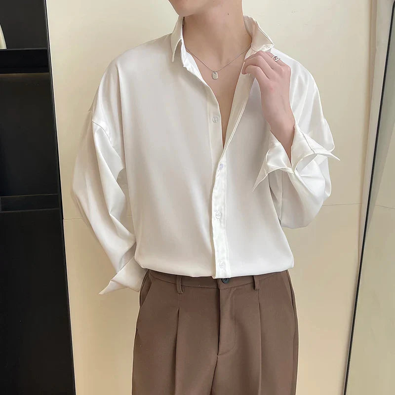 White Long Sleeved Shirt Men Oversized Fashion Social Mens Dress Shirt Korean Loose Ice Silk Shirt Mens Office Formal Shirts