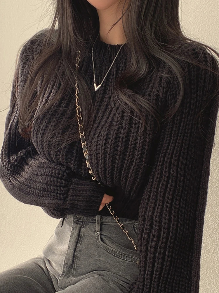 Hnewly FALL OUTFITS Loose Vintage Harajuku Lantern Long Sleeve Women Sweater Korean Autumn Winter Knitwear Soft Warm Tops Chic Solid Femme Sweater