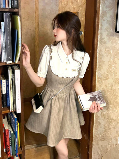 xsrrr DRESS TO IMPRESS Summer Patchwork Elegant Mini Dress Women Ruffles High Waist Sweet Casual Dress Female Korean Style Evening Party Dress Y2k