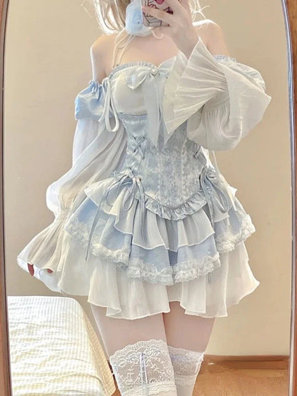 xsrrr DRESS TO IMPRESS Autumn Blue Lolita Clothing Suit Slim Vest + Kawaii Y2k Mini Dress Elegant Short Party Dress Japanese Style Fashion Suit