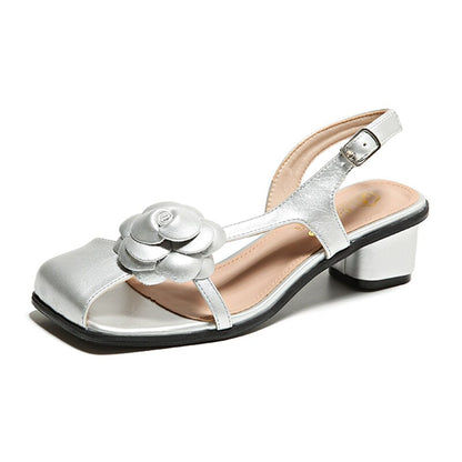 xsrrr Flower High Heels Silver Sandals Women Summer Square Toe Thick Heeled Sandals Woman Elegant Slingbacks Party Shoes