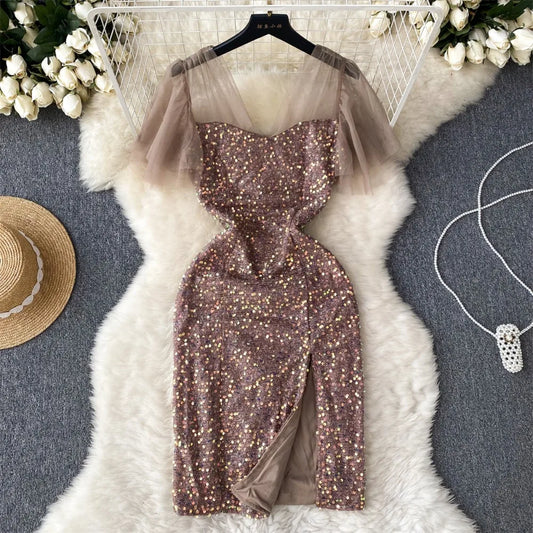 xsrrr Women Chic Sequin Patchwork Slip Dress Sexy Backless Elegant Evening Party Robe Women Vintage Slim Split Ceremonial Dress