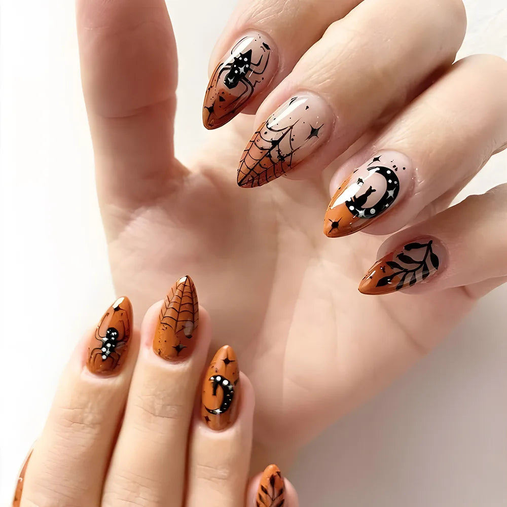 xsrrr Halloween Nails 24pcs Black Cool False Nails with Ghost Spider Web Pattern Decor Almond Fake Nail Tips Wearable Halloween Party Press on Nails