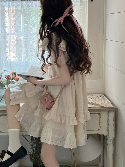 xsrrr Summer Lolita Kawaii Mini Dress Women Flying Sleeve Japanese Sweet Cute Dress Female Korean Style Ruched Fairy Dress