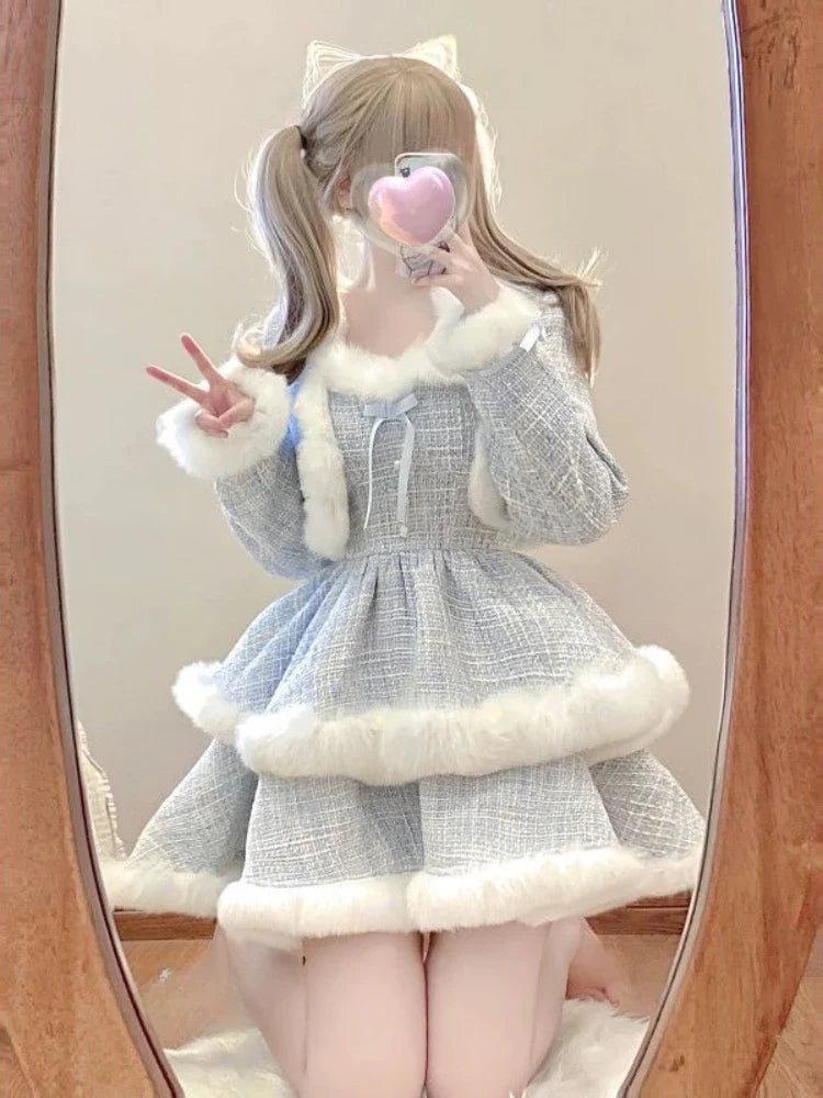 xsrrr Winter Kawaii Lolita 2 Piece Dress Set Sweet Short Coat Warm + Cute Fashion Y2k Mini Dress Party Japanese Style Suit Woman