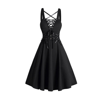 xsrrr Gothic Dress Lace Up Buckle Strap Crisscross Plunging Neck High Waisted A Line Mini Dress 2024 Women Summer Black Dress Vestidos