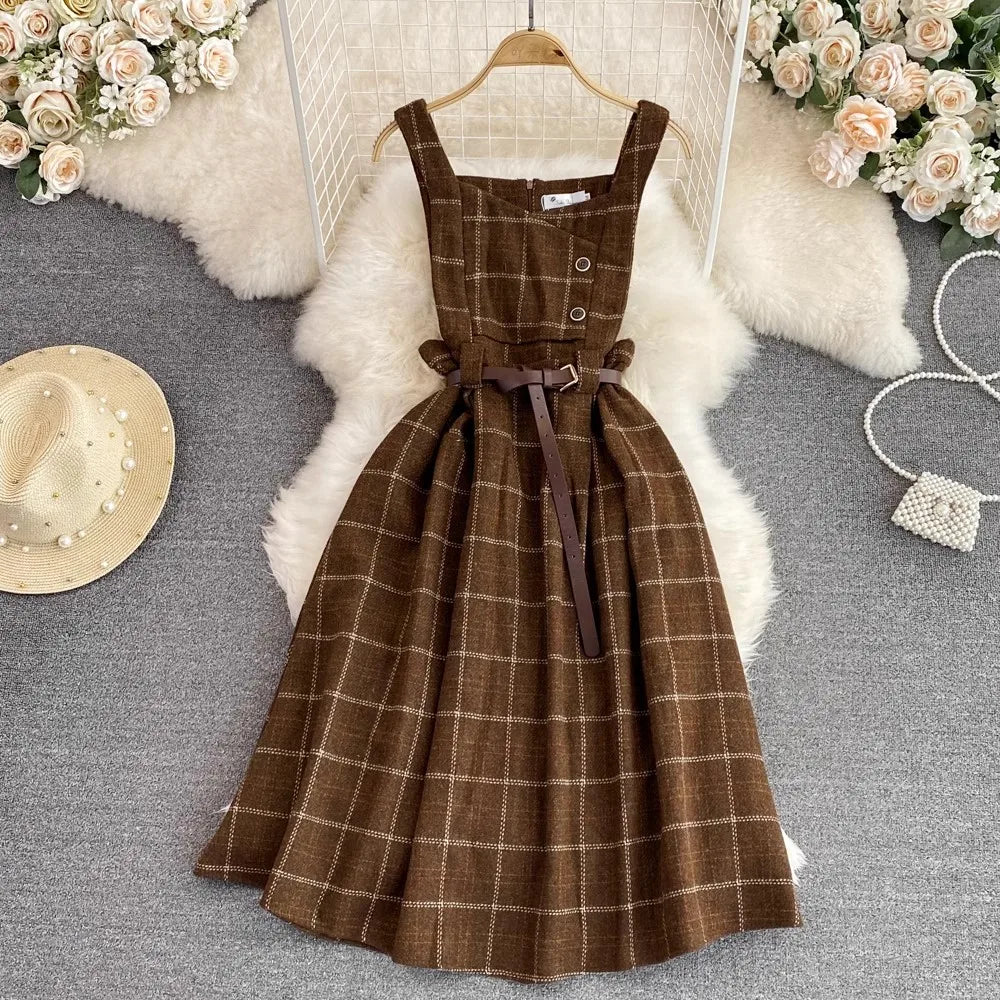 xsrrr DRESS TO IMPRESS Vintage Korean Two Piece Set Dress Women Autumn Winter Plaid Woolen Spaghetti Strap Dress With Belt Long Sundress Vestidos