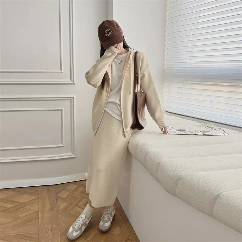 xsrrr Korean Lazy Style Women Knitted Sweater Casual Set Autumn Winter Hooded Zipper Cardigan Tops Knitwear Long Skirt Two-piece Suit