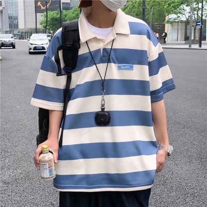 Contrast Color Striped Polo Shirt Summer All-match Fashion Trend Casual Polo T-shirt Loose Short-sleeved Lapel Men's Clothes Oversize