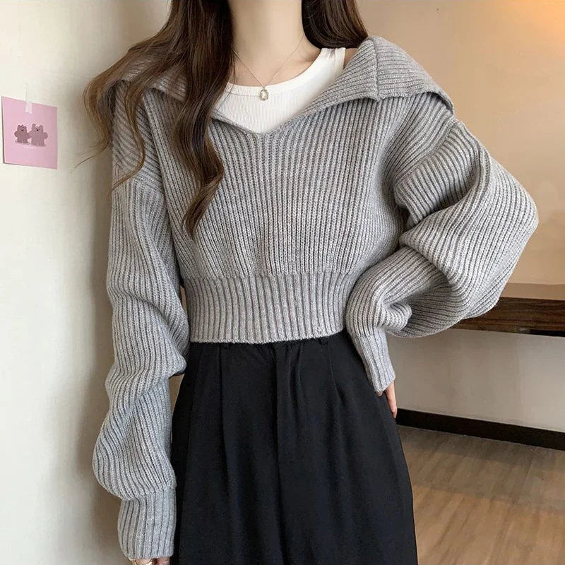 xsrrr Long Sleeve Cropped Sweater Women Autumn Winter Turn Down Collar Knitted Jumper Woman Korean Style Solid Color Jerseys