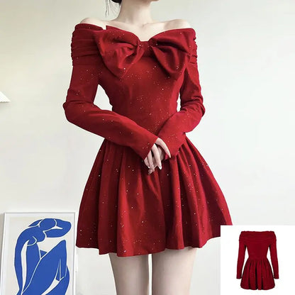 xsrrr NEW YEAR DRESS Holiday Christmas Bow Velvet A-Line Red Dress Slim Slash Neck Long Sleeve Mini Dresses For Women Autumn Winter Lady