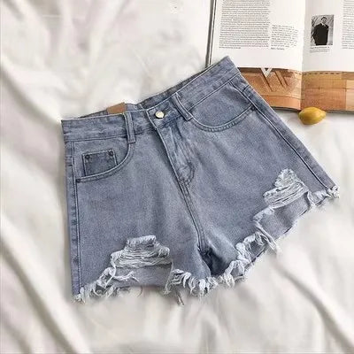 xsrrr Casual High Waist Denim Shorts Women Summer Pocket Tassel Hole Ripped jeans Short Female Femme Short Pants Women