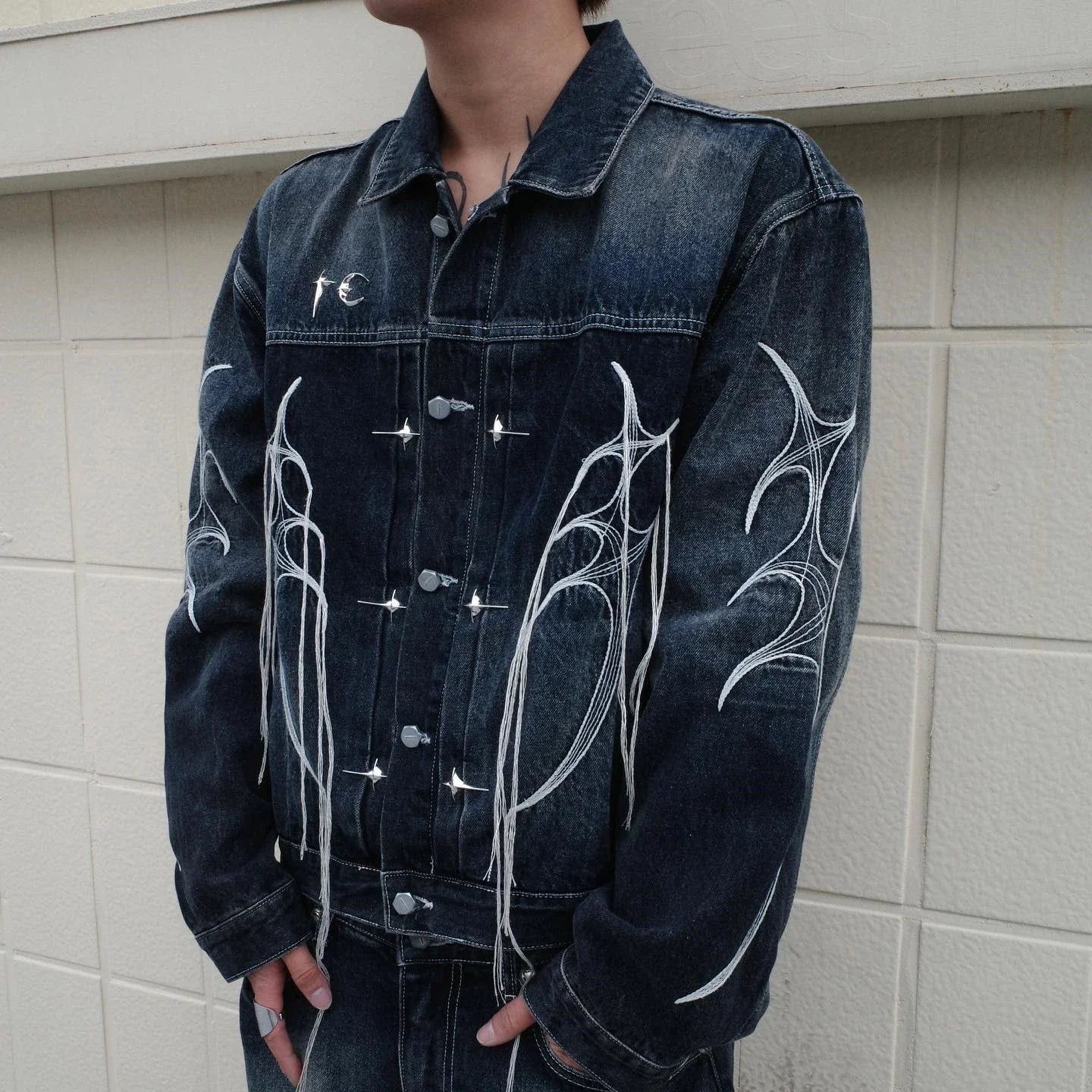 Harajuku Wing Embroidery String Tassel Black Jeans Jacket for Men and Women Lapel Washed Casual Bomber Denim Coat Oversized