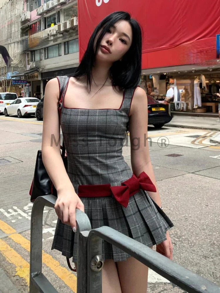 xsrrr DRESS TO IMPRESS Summer Sexy Striped Bow Slim Party Dress Women Y2k Sleeveless Streetwear Vintage Dress Fashion Chic Retro Pleated Clothing New