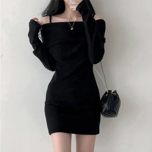 xsrrr FALL OUTFITS Y2K Women Knitted Mini Dress Korean Sexy Off Shoulder Female Dress Spring New Spaghetti Strap Long Sleeve Ladies Vestidos