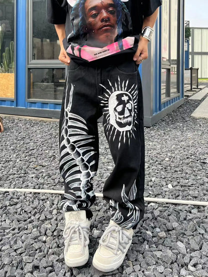 Jeans With Print Straight Baggy Punk Men's Fashion Harajuku Pants Printed Oversize Streetwear Y2k Black Trendyol Hip Hop Man