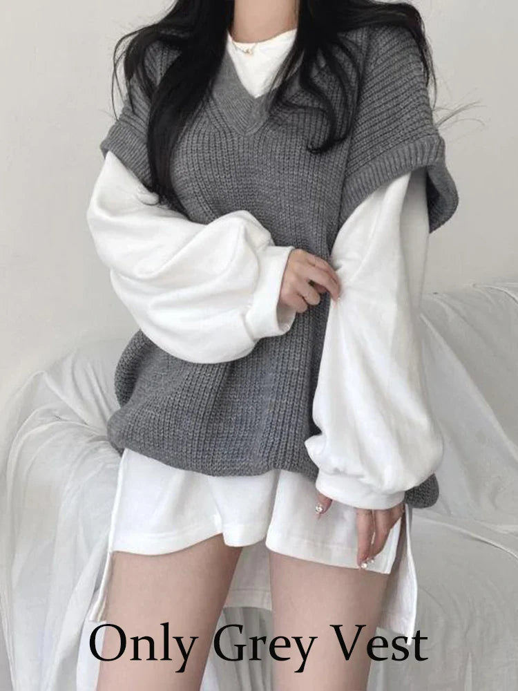 xsrrr Autumn Winter Vest Women Korean Style Knitted Sweaters Female Oversized Preppy Jumper Ladies Casual Loose Long Sleeve Pullovers