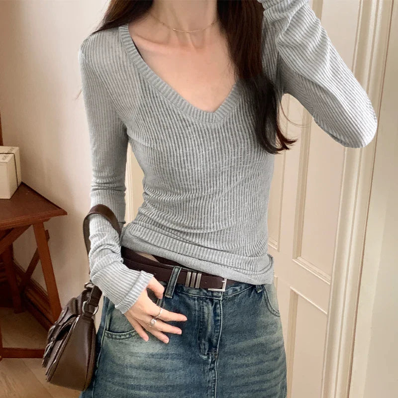 xsrrr Spring and Autumn New Pink V-neck Slim Fit Knitted Thin Solid Sexy Long Sleeve Pullover T-shirt 6 Colors Tight Women's Top