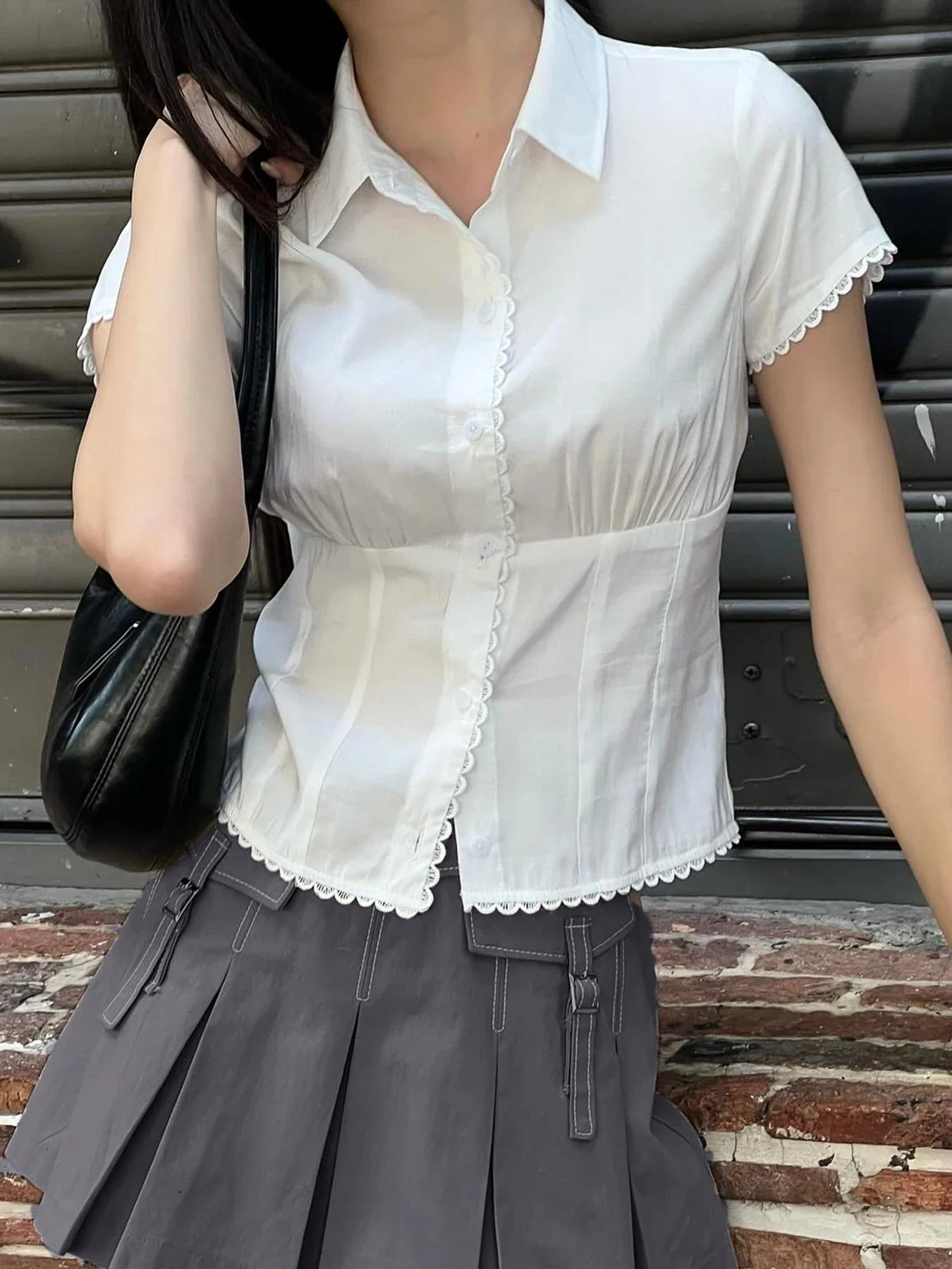 xsrrr Style Casual Solid Lace Trim Blouse Slim Turn Down Collar Short Sleeve Shirts Women 2024 Summer Fashion Ladies